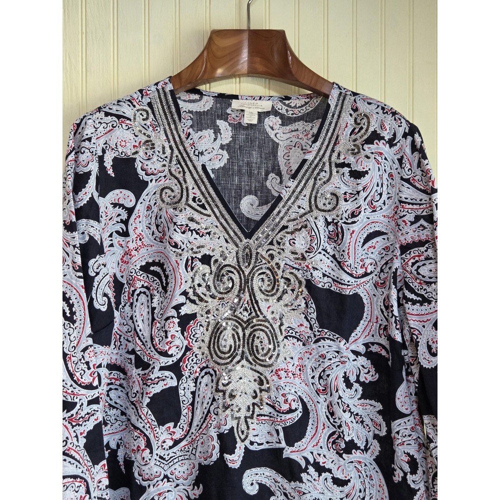 Charter Club Shirt Womens 1X‎ Black Paisley Linen Sequin V Neck Tunic Blouse